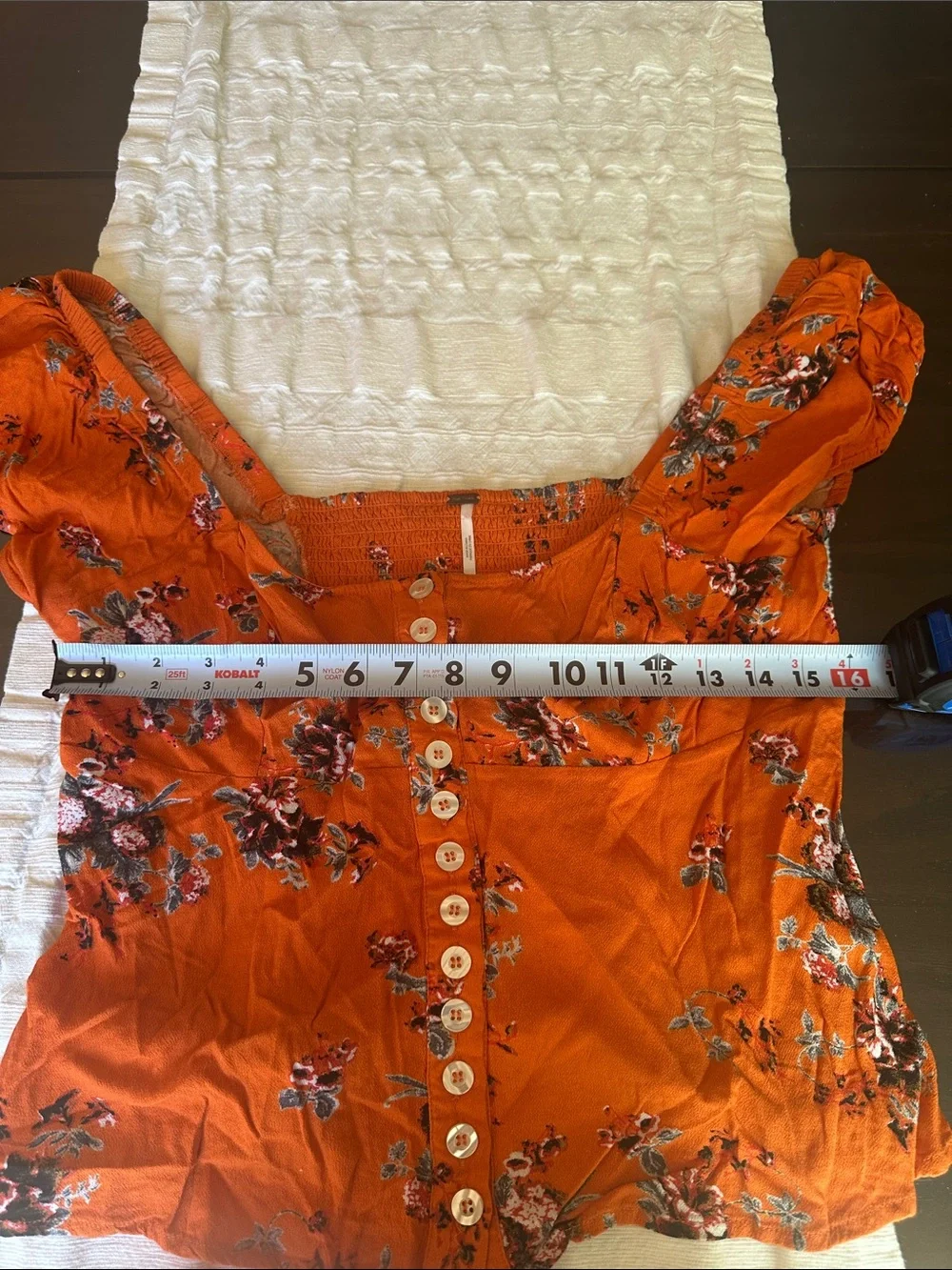 Free People Bright Orange Floral Button-Up Puff Sleeve Top
